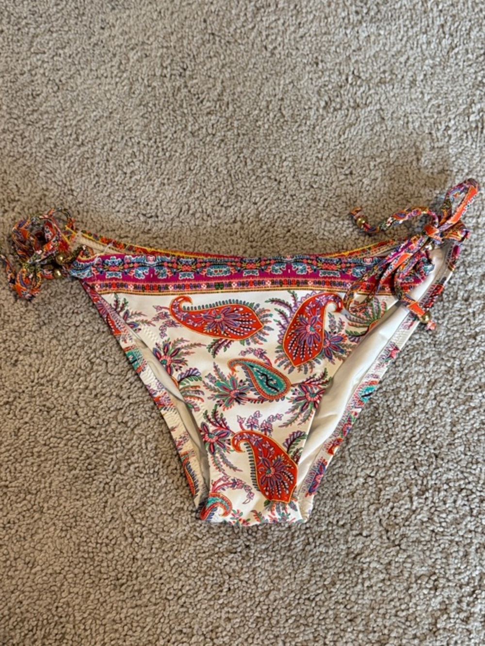 Nanette Lepore- Women’s Paisley Side-Tie Bikini Bottom- White/Orange/Teal/Pink